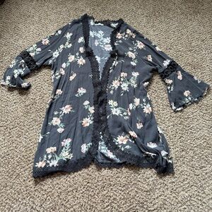 Floral Kimono Cardigan with Lace Trim